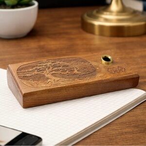 Vintage LaserCraft Engraved Walnut Desk Pen Holder Tree Art 7”